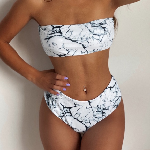 Zaful Other - ZAFUL Marble Print High Waisted Bandeau Bikini L